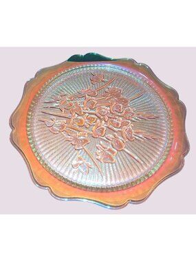Iridescent Carnival Glass Floral Embossed Glass Plate With Scalloped Edge For De